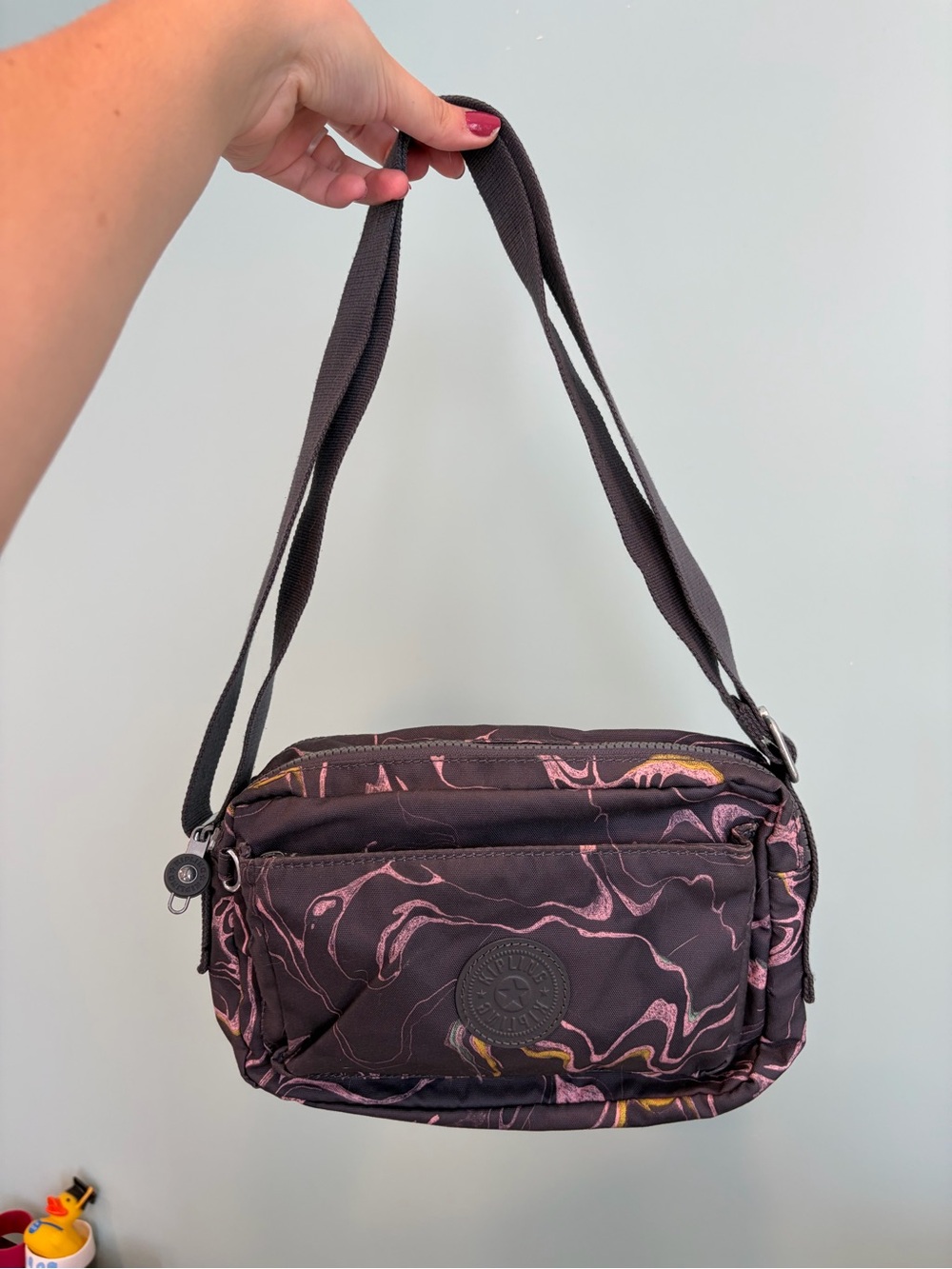 Kipling Black Marbled Crossbody with Pink Accents